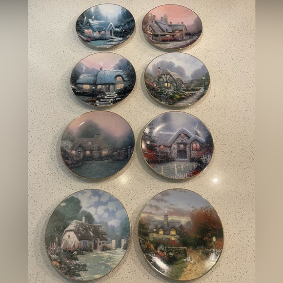 Thomas Kinkade Cottage Scene Plates - Blue Pink Green Red